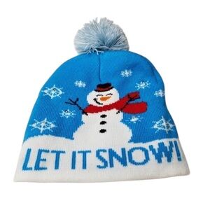 Let It Snow! Blue White Flashing Lights Pom Pom Knit Beanie Hat Kids OS